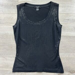 St. John Petite P Caviar Black Checkered Sequin Sleeveless Tank Viscose Stretch